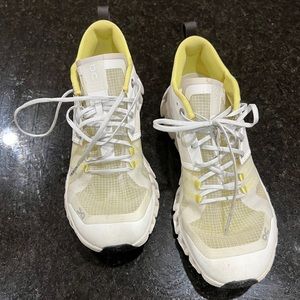 On Sneakers - Bright White and Yellow, lightweight all purpose shoe.